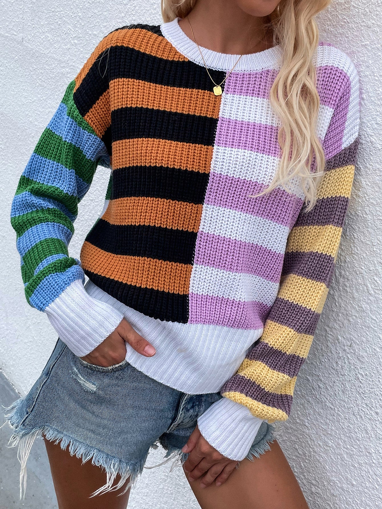 Split Stripes Rib-Knit Sweater