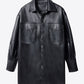 Button Front Flap Pocket Longline PU Leather Jacket