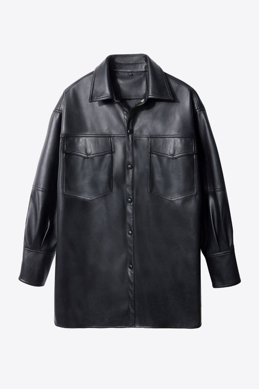 Button Front Flap Pocket Longline PU Leather Jacket