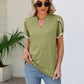 Pom-Pom Trim Petal Sleeve Notched Neck Top