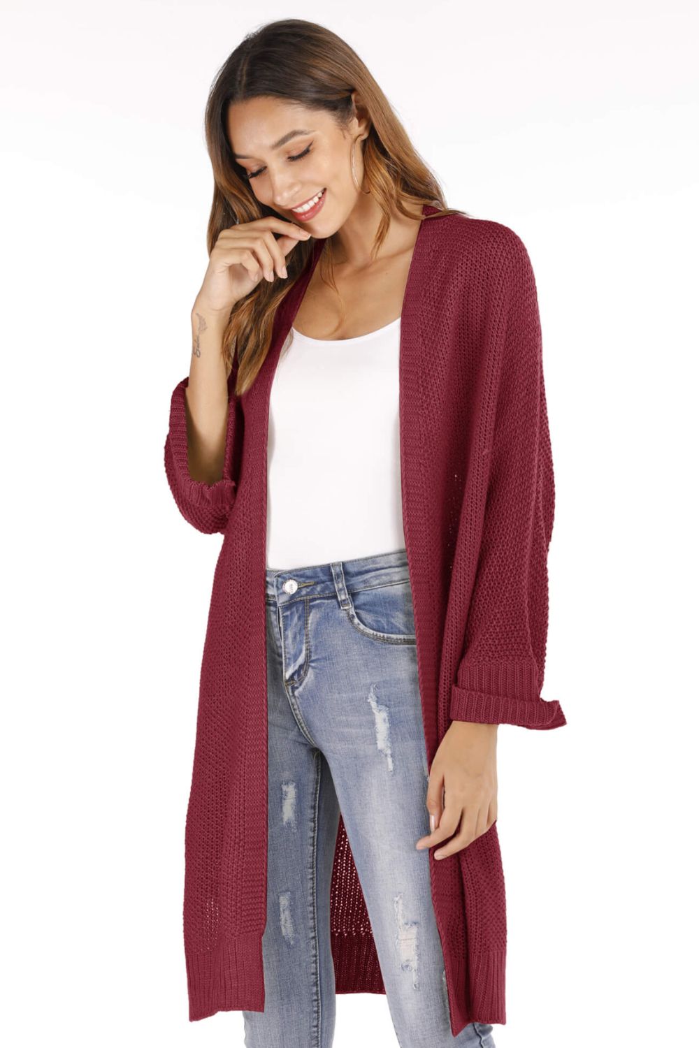 Open Front Slit Exposed Seam Cardigan