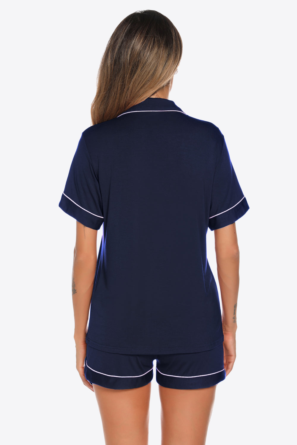 Contrast Piping Button Front Top and Shorts Lounge Set