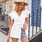 Buttoned V-Neck Ruffle Trim Top