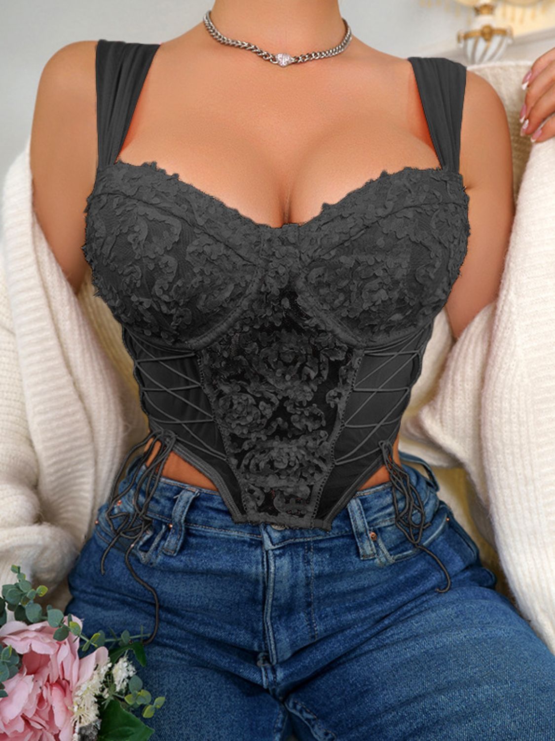 Lace Up Hem Detail Sweetheart Neck Cropped Tank