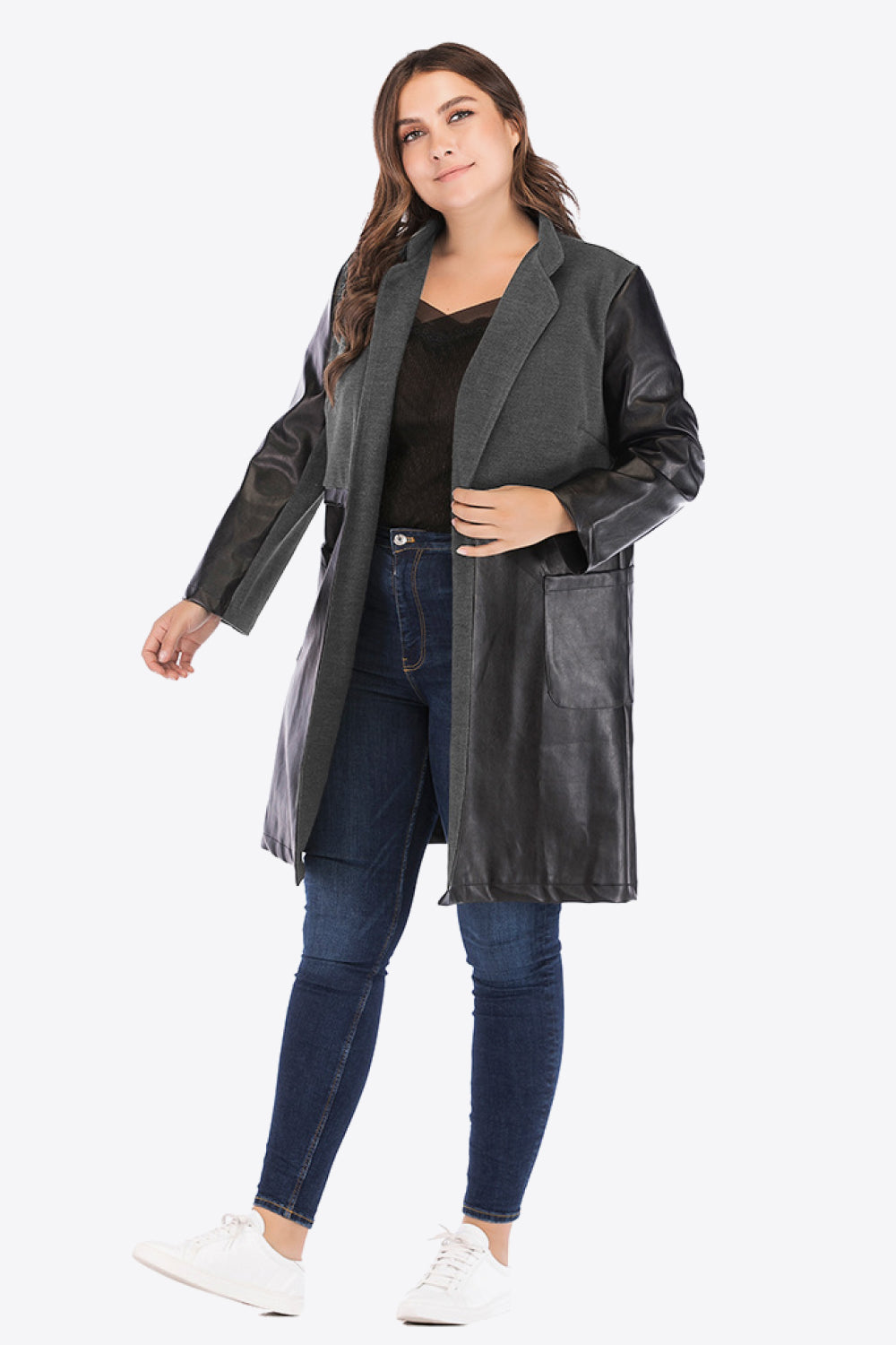 Plus Size Spliced PU Leather Longline Blazer