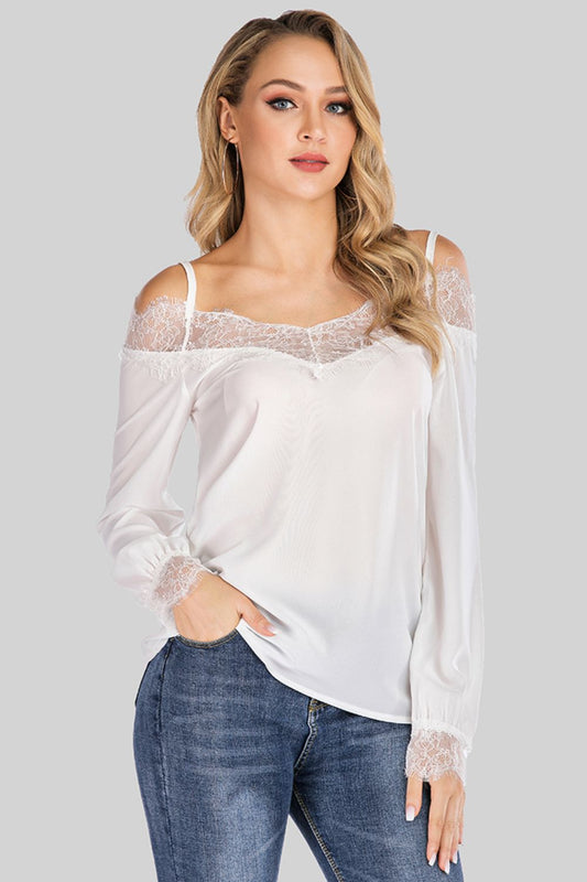 Spliced Lace Cold-Shoulder Blouse
