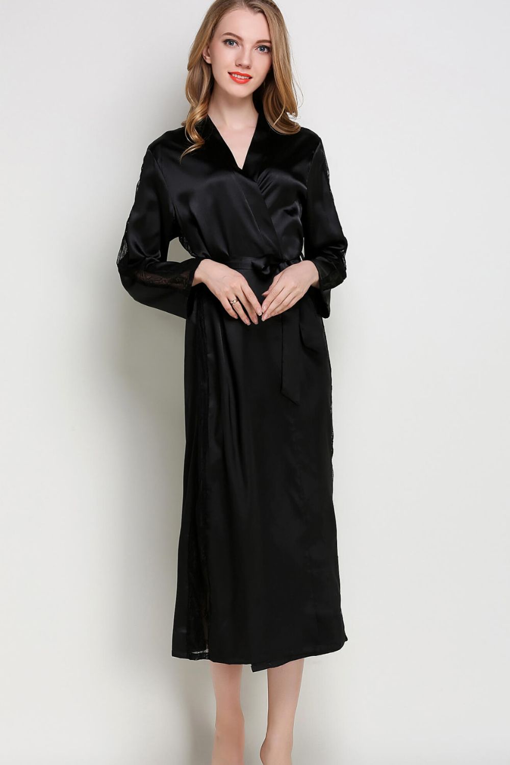 Spliced Lace Tie Waist Satin Robe