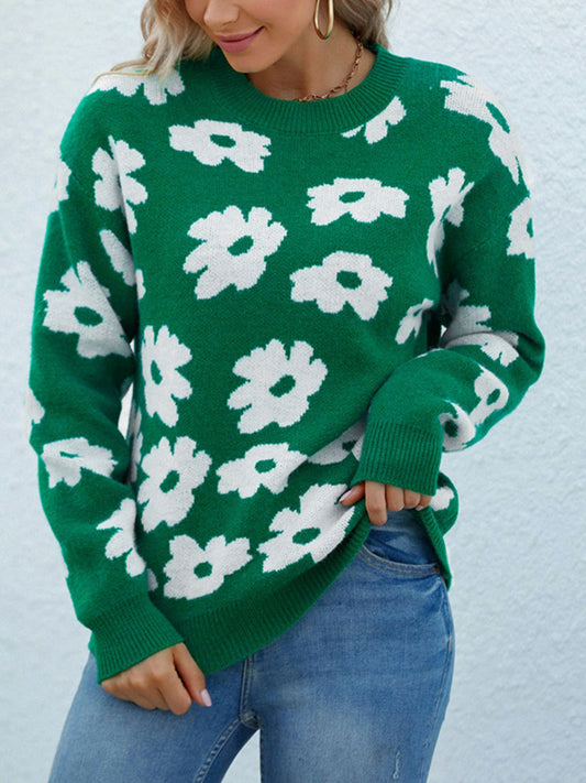 Floral Ribbed Trim Knit Sweater