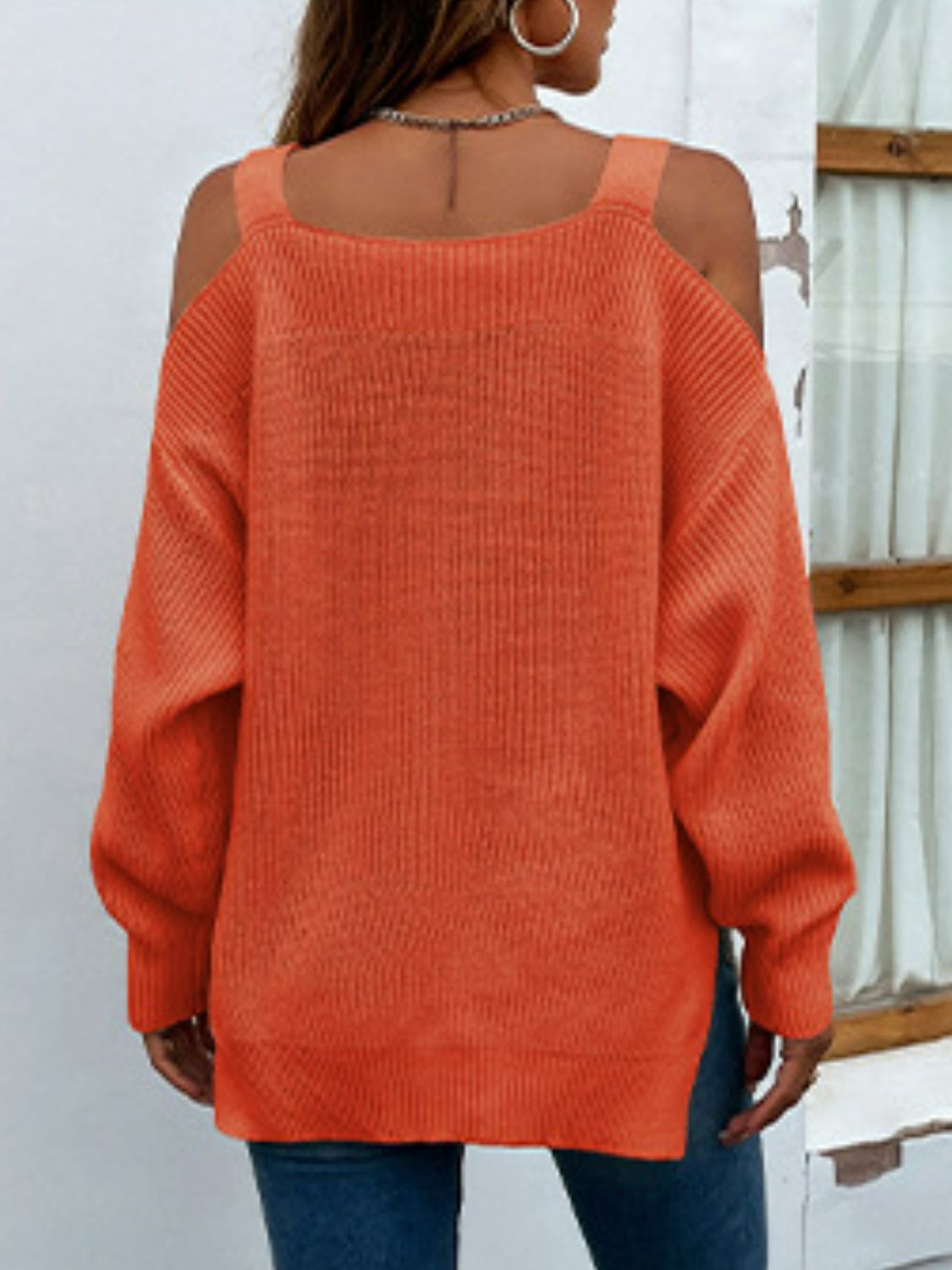 Rib-Knit Slit Cold-Shouder Sweater