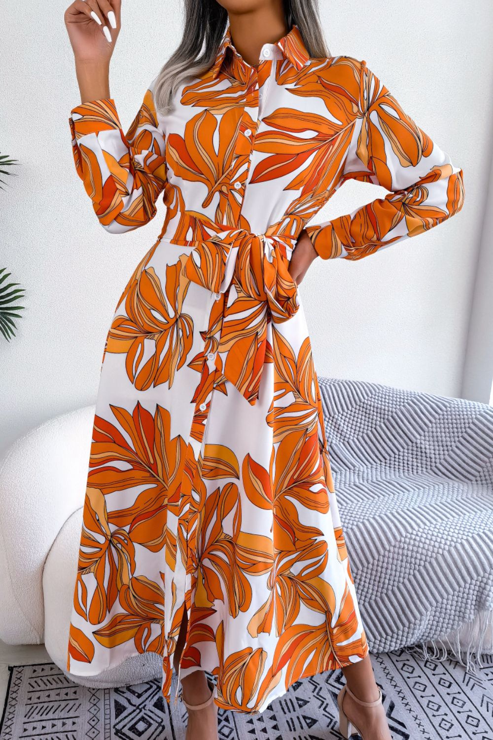 Botanical Print Long Sleeve Shirt Dress