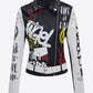 Full Size Printed Zip Up Studded PU Leather Jacket