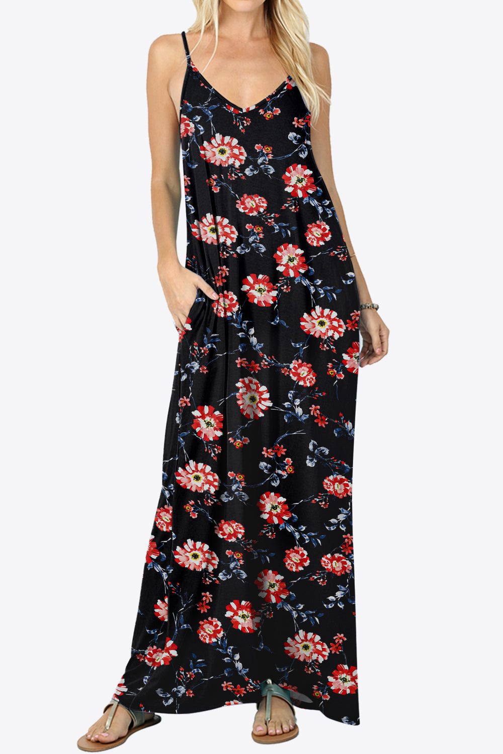 Floral Spaghetti Strap Maxi Dress with Pockets