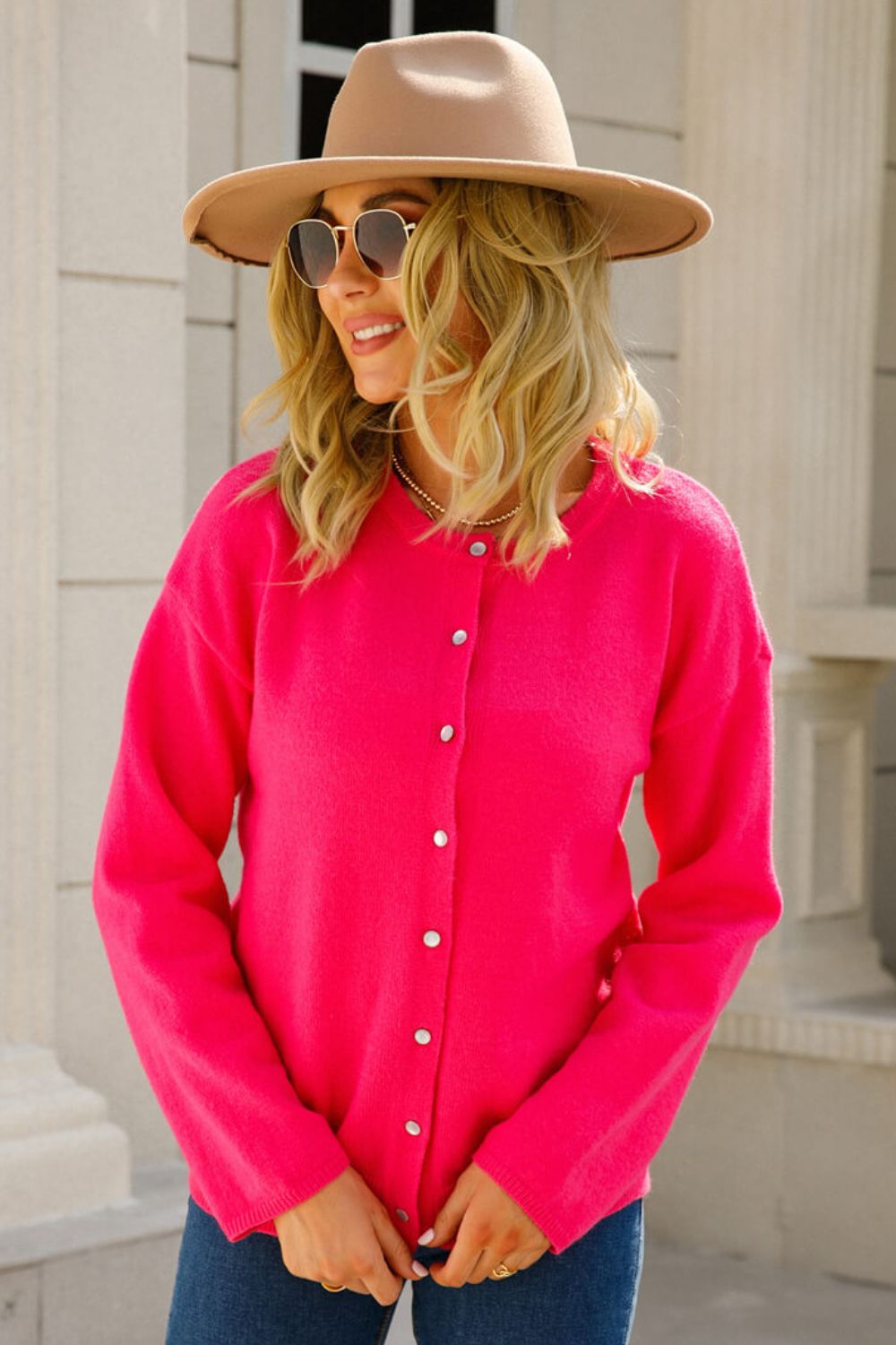 Button-Up Round Neck Cardigan