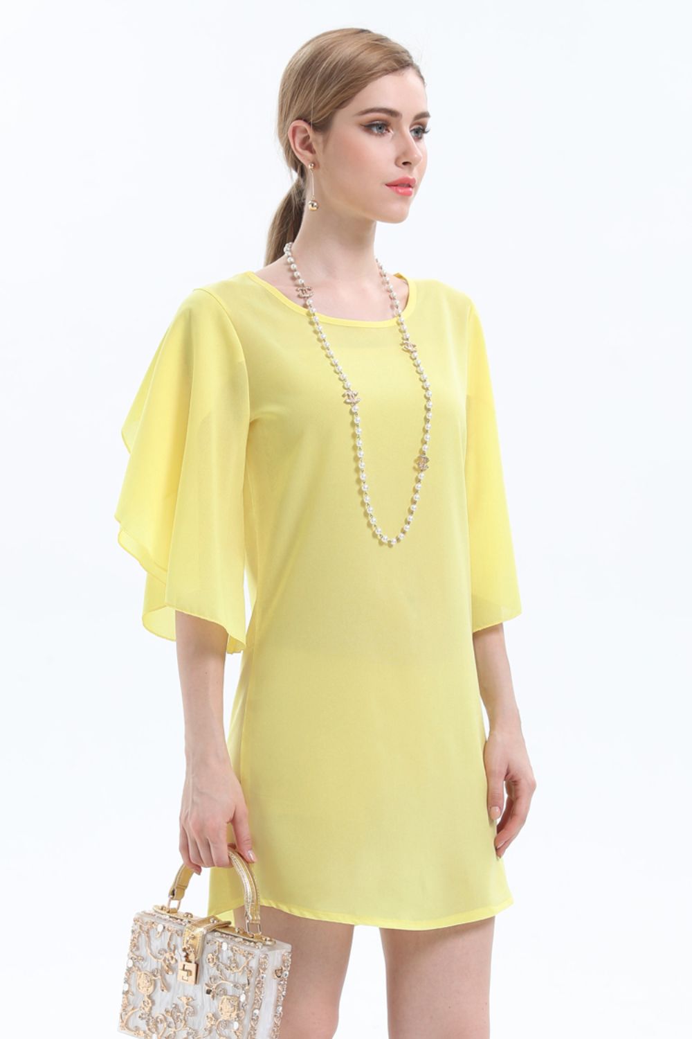 Round Neck Half Flutter Sleeve Tunic Blouse