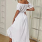 Off-Shoulder Drawstring Waist Ruffled High-Low Dress