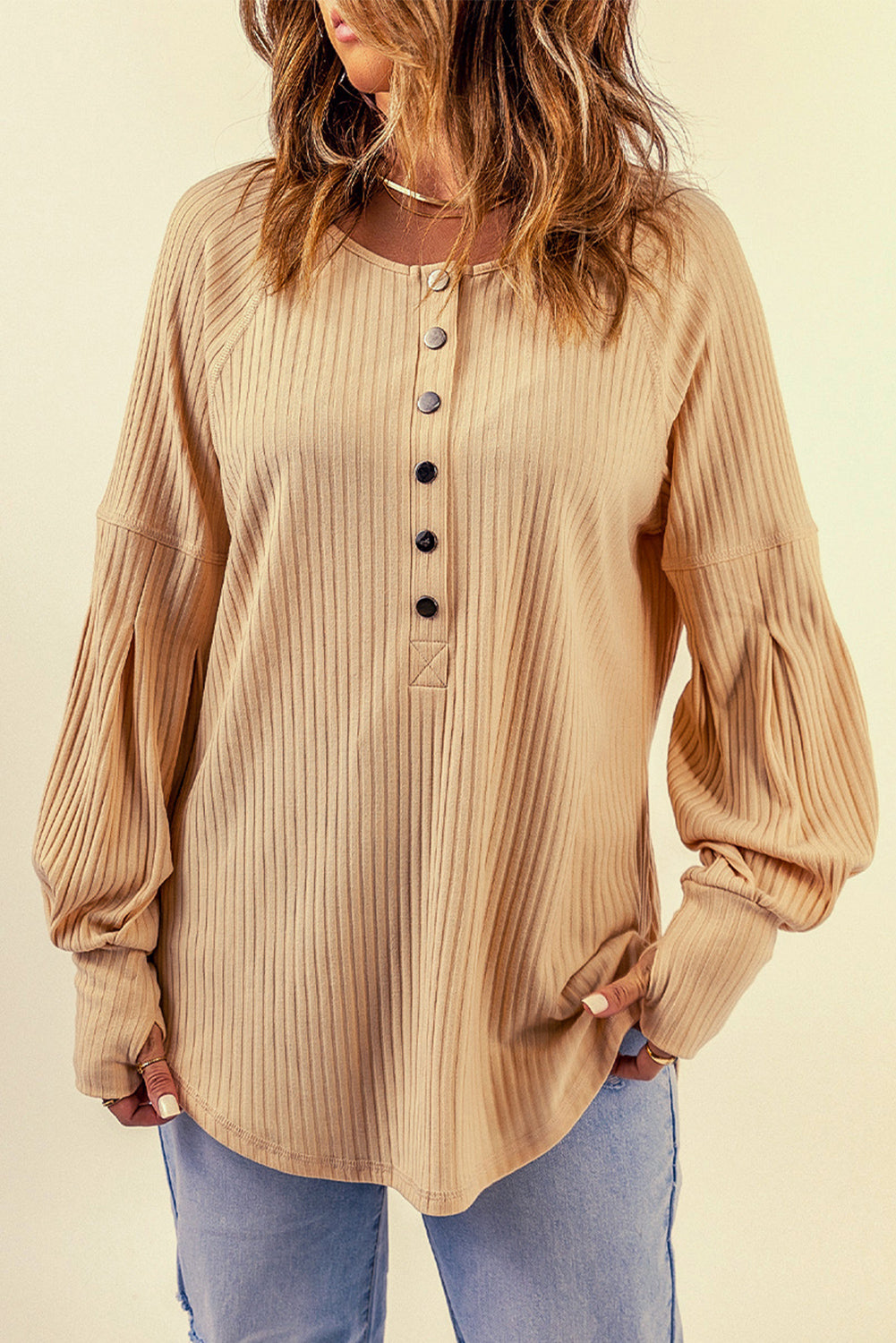 Half Button Ribbed Thumbhole Sleeve Top
