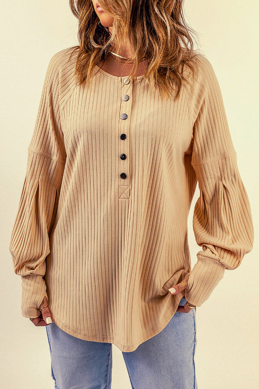 Half Button Ribbed Thumbhole Sleeve Top