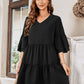 V-Neck Three-Quarter Flounce Sleeve Tiered Dress