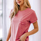 Round Neck Cuffed Sleeve Tee with Breast Pocket