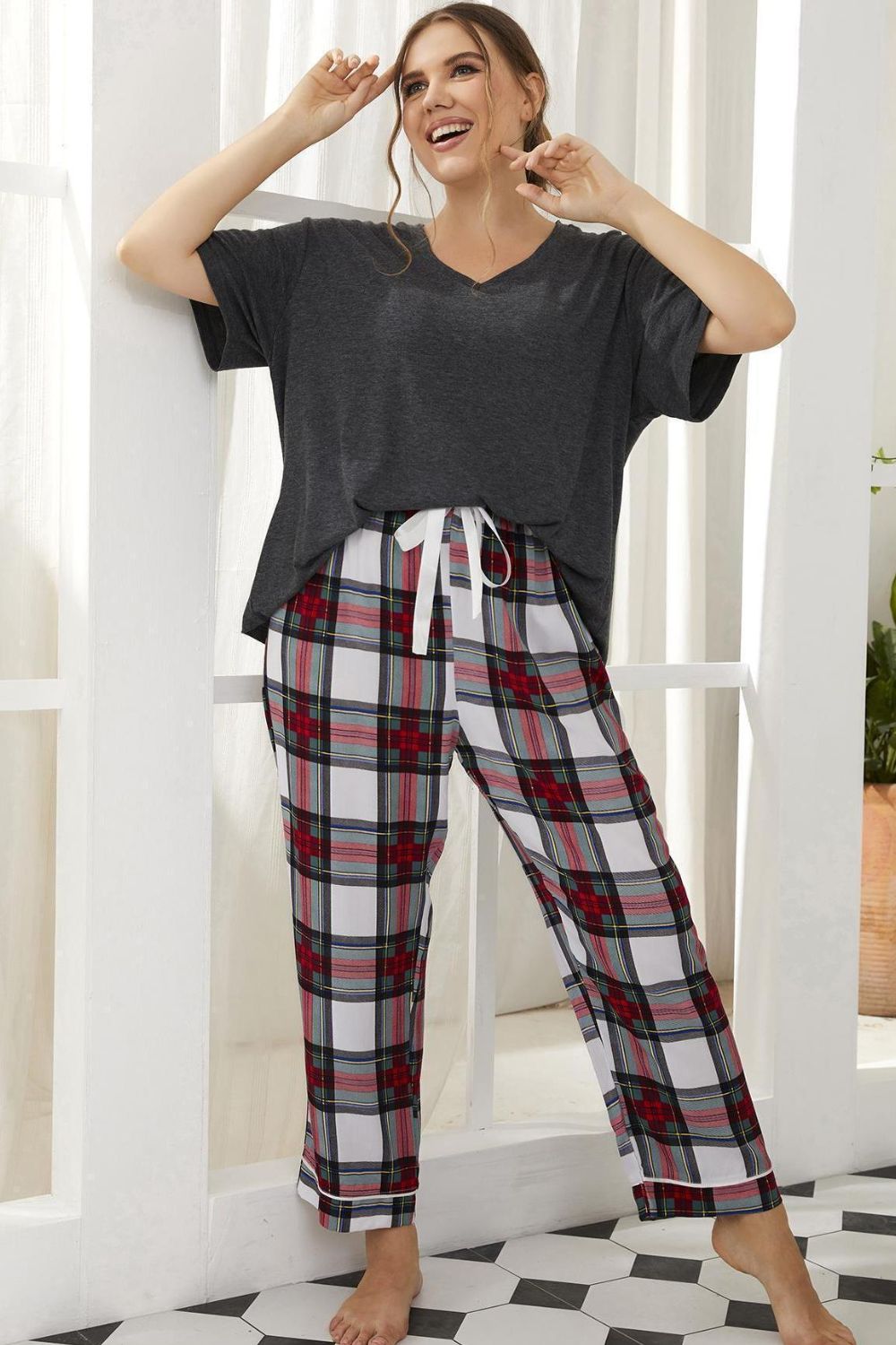 Plus Size V-Neck Tee Shirt and Plaid Pants Lounge Set