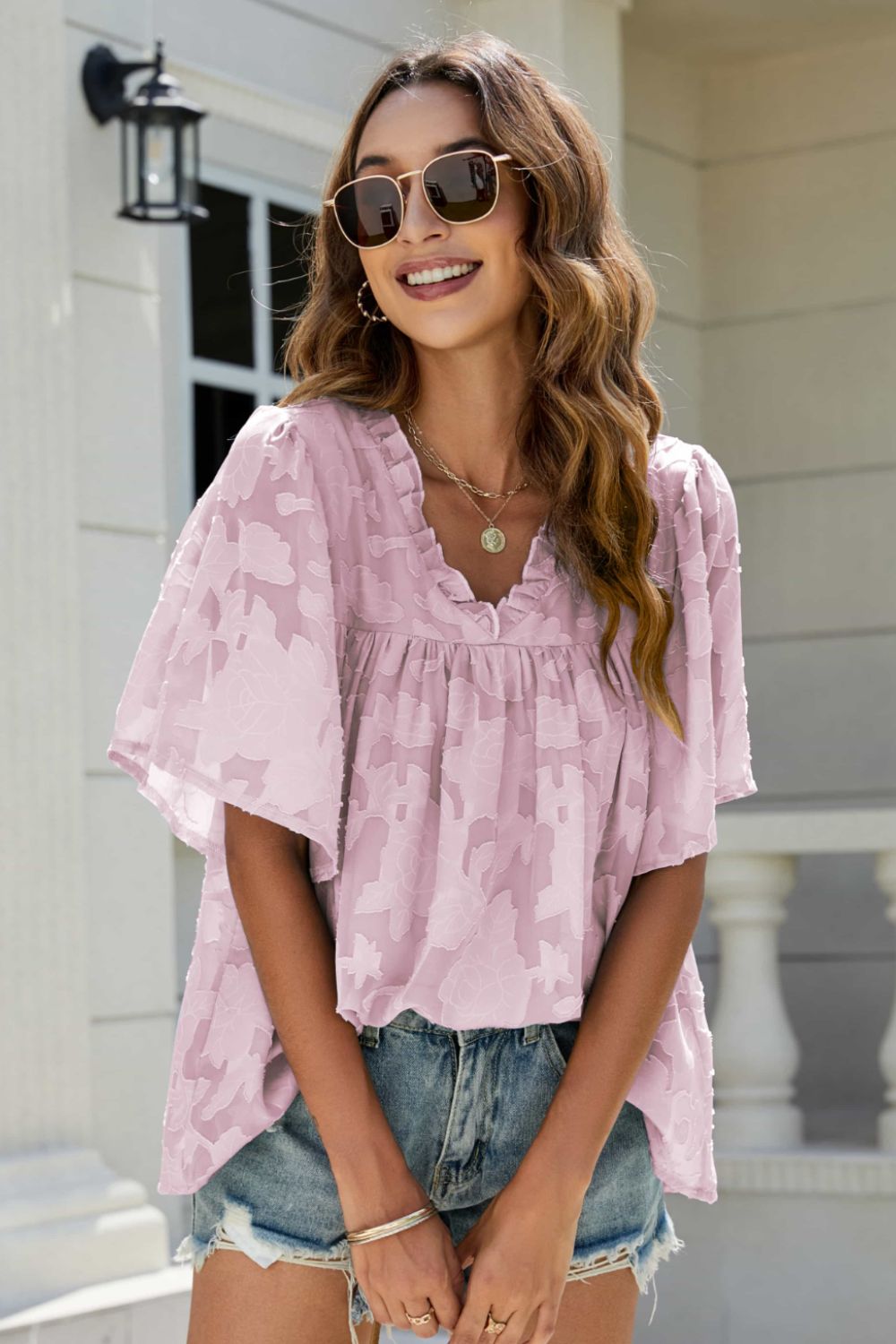 Applique Frill Trim Flutter Sleeve Blouse