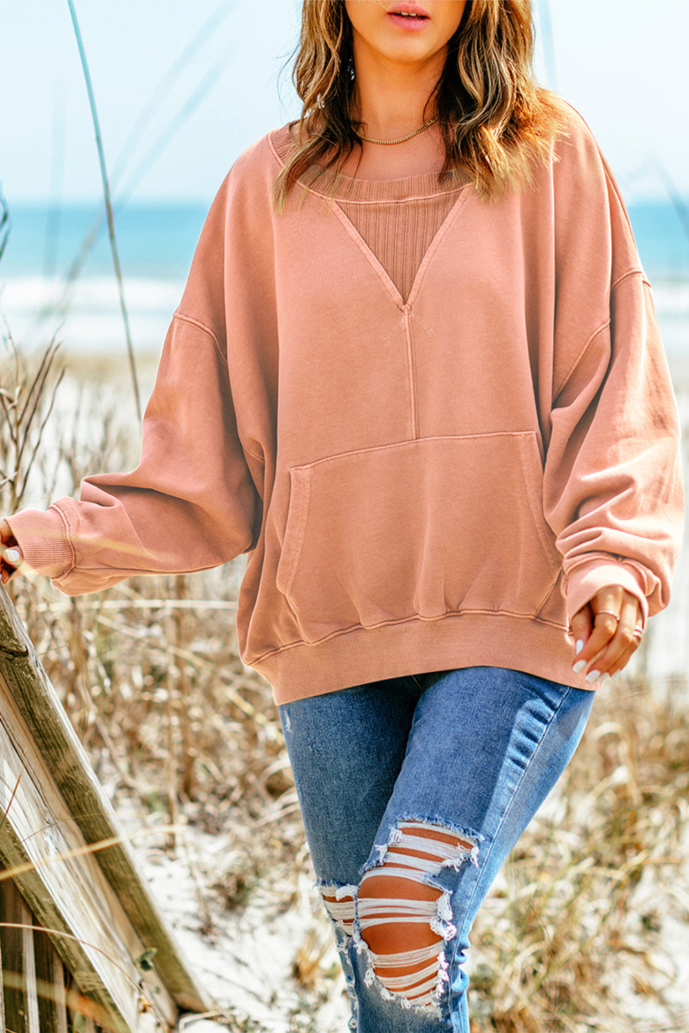 Dropped Shoulder Sweatshirt with Kangaroo Pocket