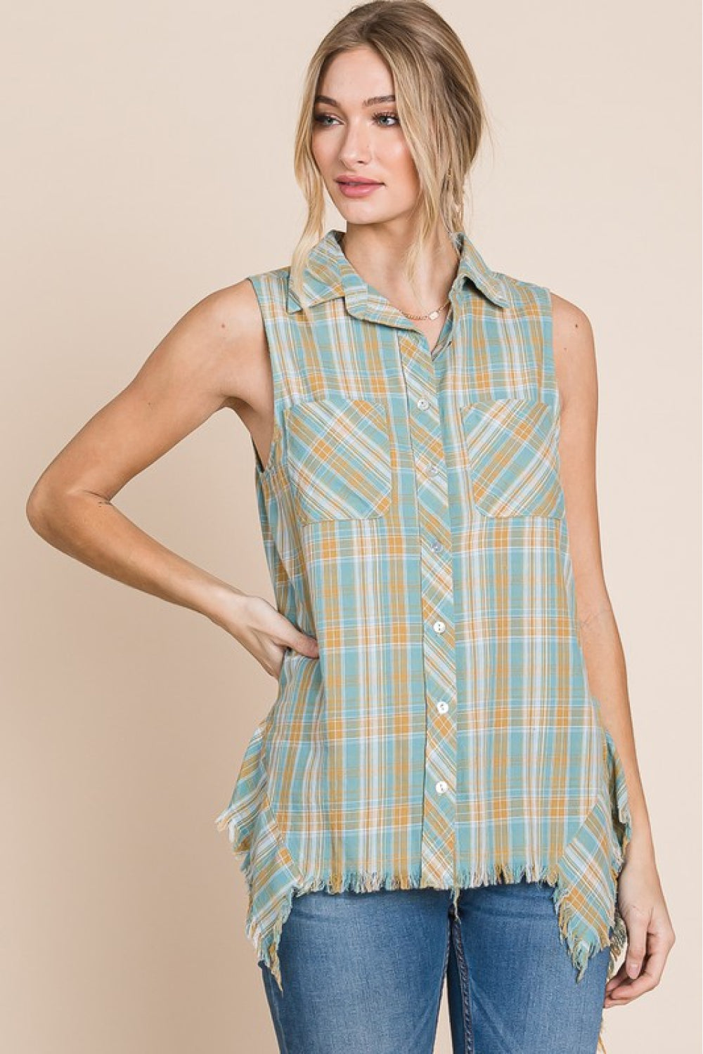 HEYSON Days Gone By Full Size Sleeveless Frayed Plaid Button-Up Shirt