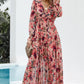 Floral Frill Trim Flounce Sleeve Plunge Maxi Dress