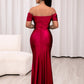 Ruched Off-Shoulder Tulip Hem Satin Maxi Dress