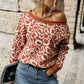 Leopard Boat Neck Ribbed Trim Dropped Shoulder Sweater