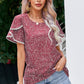 Printed Pom Pom Detail Petal Sleeve Blouse