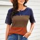 Color Block Spliced Lace Buttoned Tee