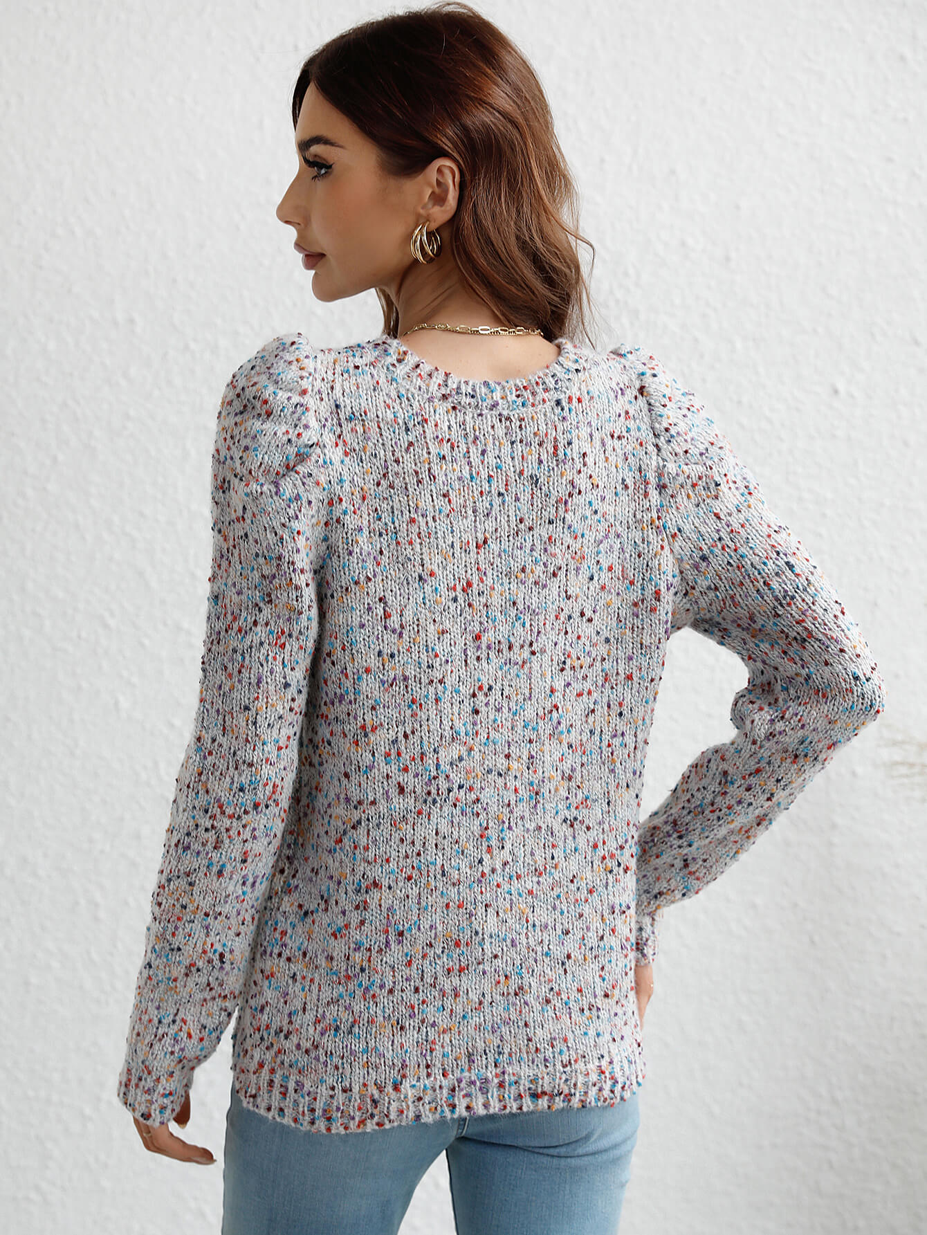 Multicolored Puff Sleeve Ribbed Trim Sweater