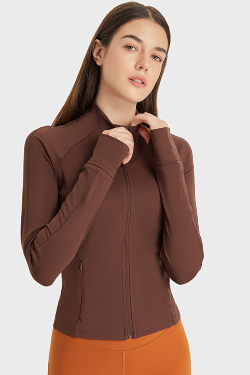 Zip Up Thumbhole Sleeve Sports Jacket with Pockets