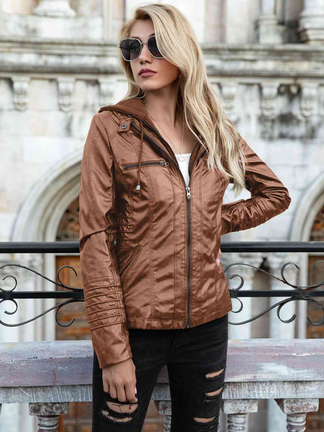 Full Size Zip-Up Hooded PU Jacket