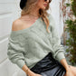 Openwork V-Neck Lantern Sleeve Ribbed Trim Sweater