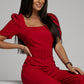 Belted Square Neck Puff Sleeve Jumpsuit