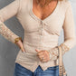 Spliced Lace Sleeve Ribbed Top