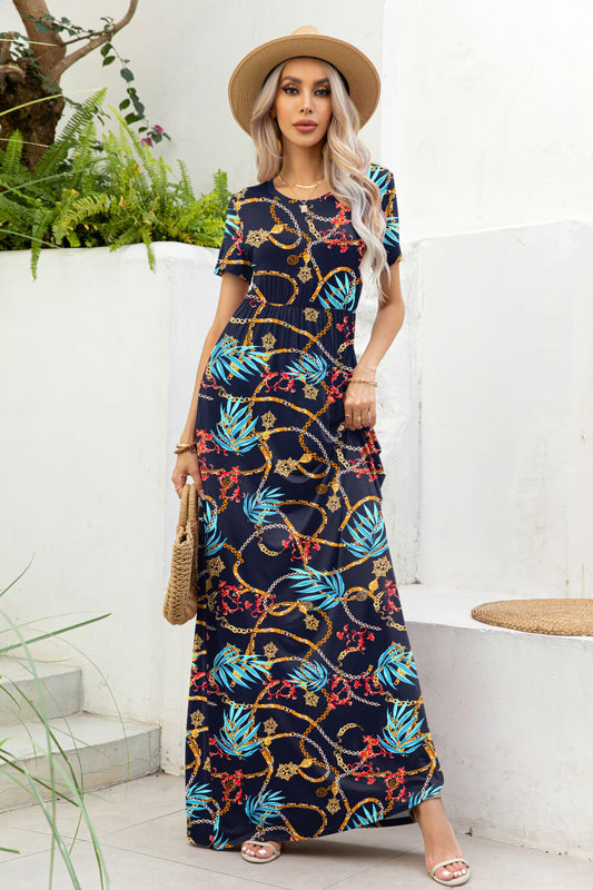 Printed Round Neck Short Sleeve Maxi Dress