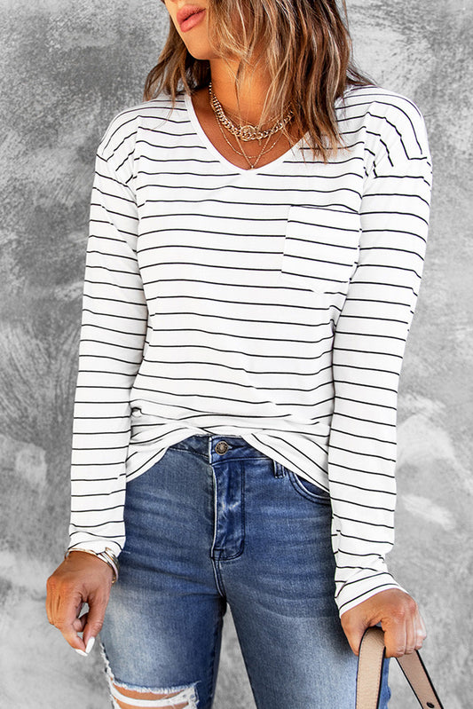 Striped V-Neck Long Sleeve Tee
