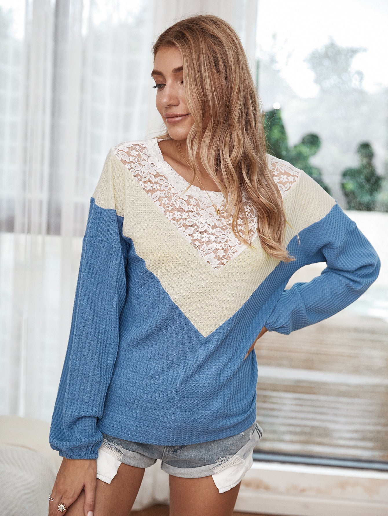 Color Block Spliced Lace Waffle-Knit Top