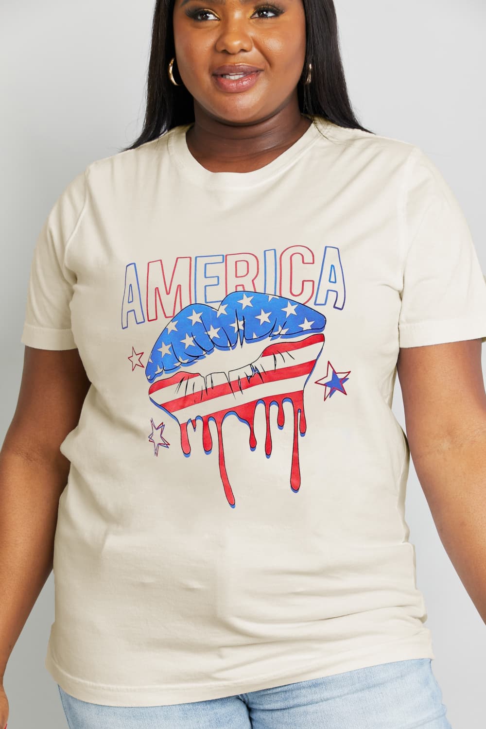 Simply Love Full Size AMERICA Star and Stripe Lip Graphic Cotton Tee