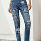 Printed Patch Distressed Boyfriend Jeans