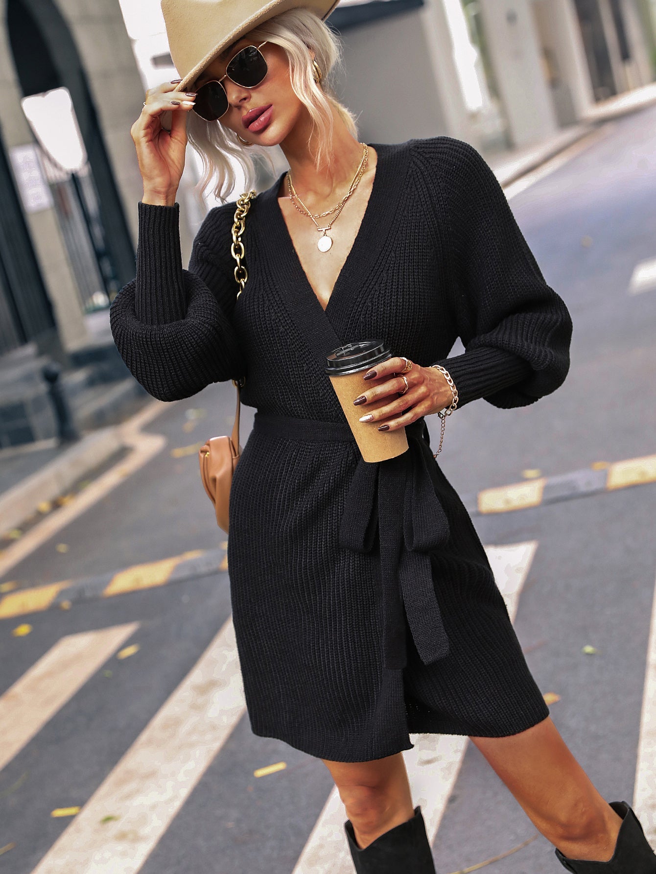 Belted Surplice Lantern Sleeve Wrap Sweater Dress – Deals DejaVu