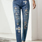 Printed Patch Distressed Boyfriend Jeans