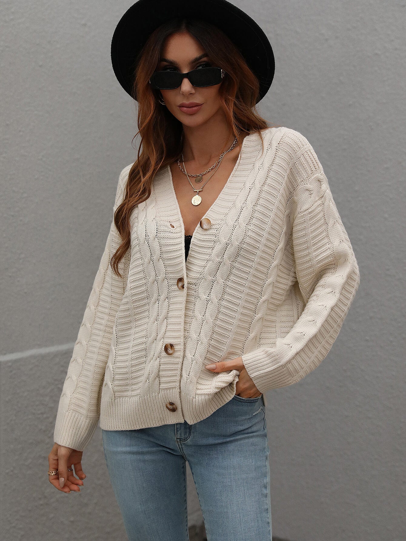 Cable-Knit Button Front Cardigan