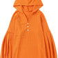 Puff Sleeve Side Slit Buttoned Waffle Knit Hoodie