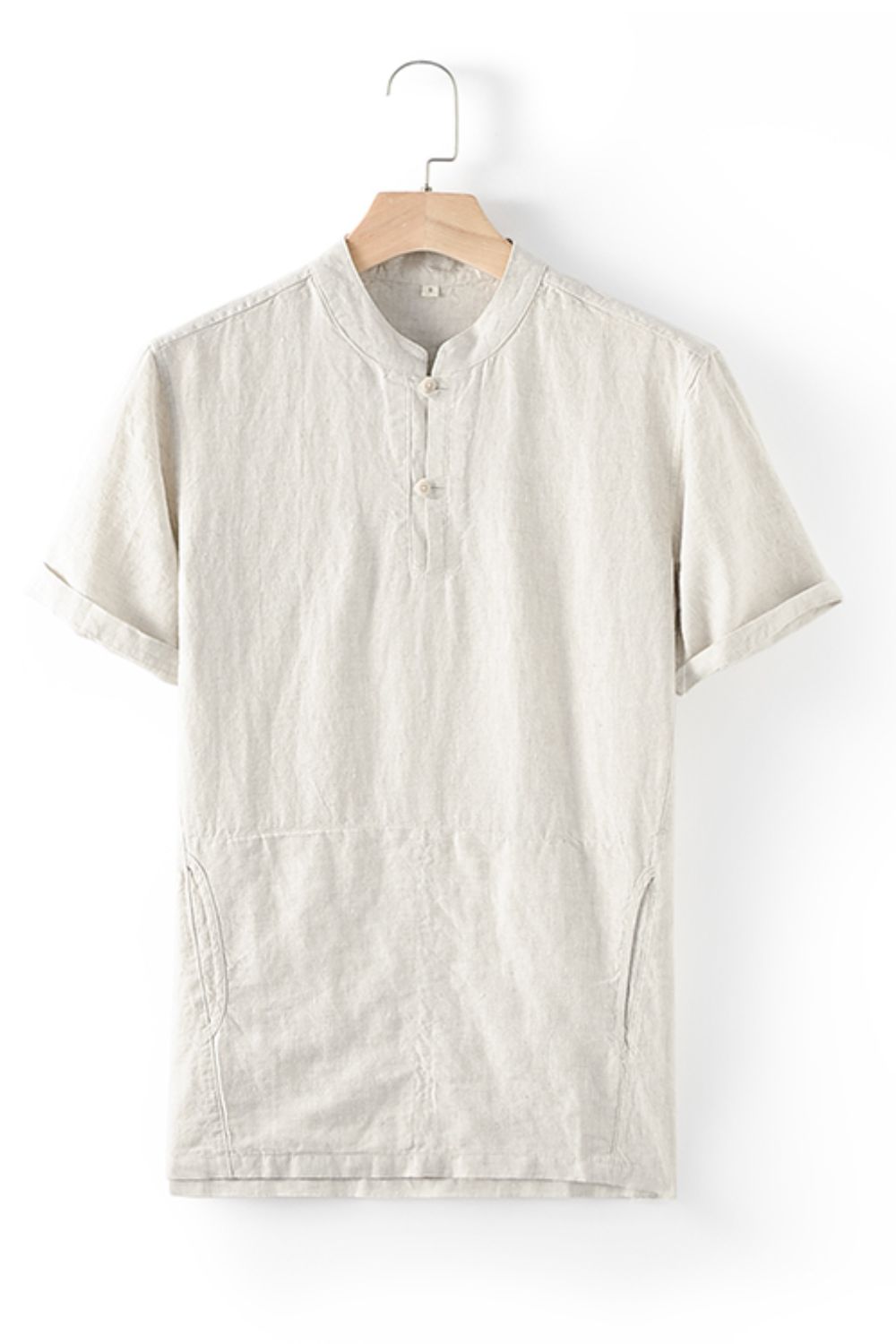 Buttoned Round Neck Short Sleeve Linen Tee