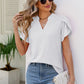 Pom-Pom Trim Petal Sleeve Notched Neck Top