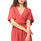 Ruffle Trim Belted Surplice Flutter Sleeve Romper